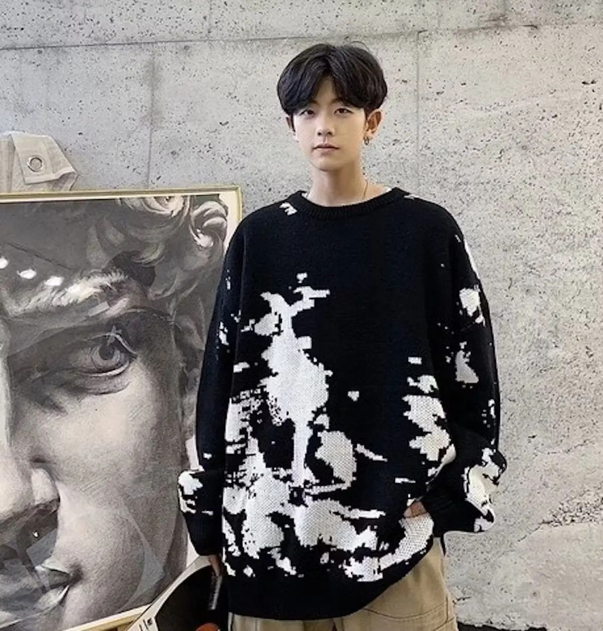 image of Vintage Abstract Print Knitware Knitted Sweater in Black, Men's (Size Large)