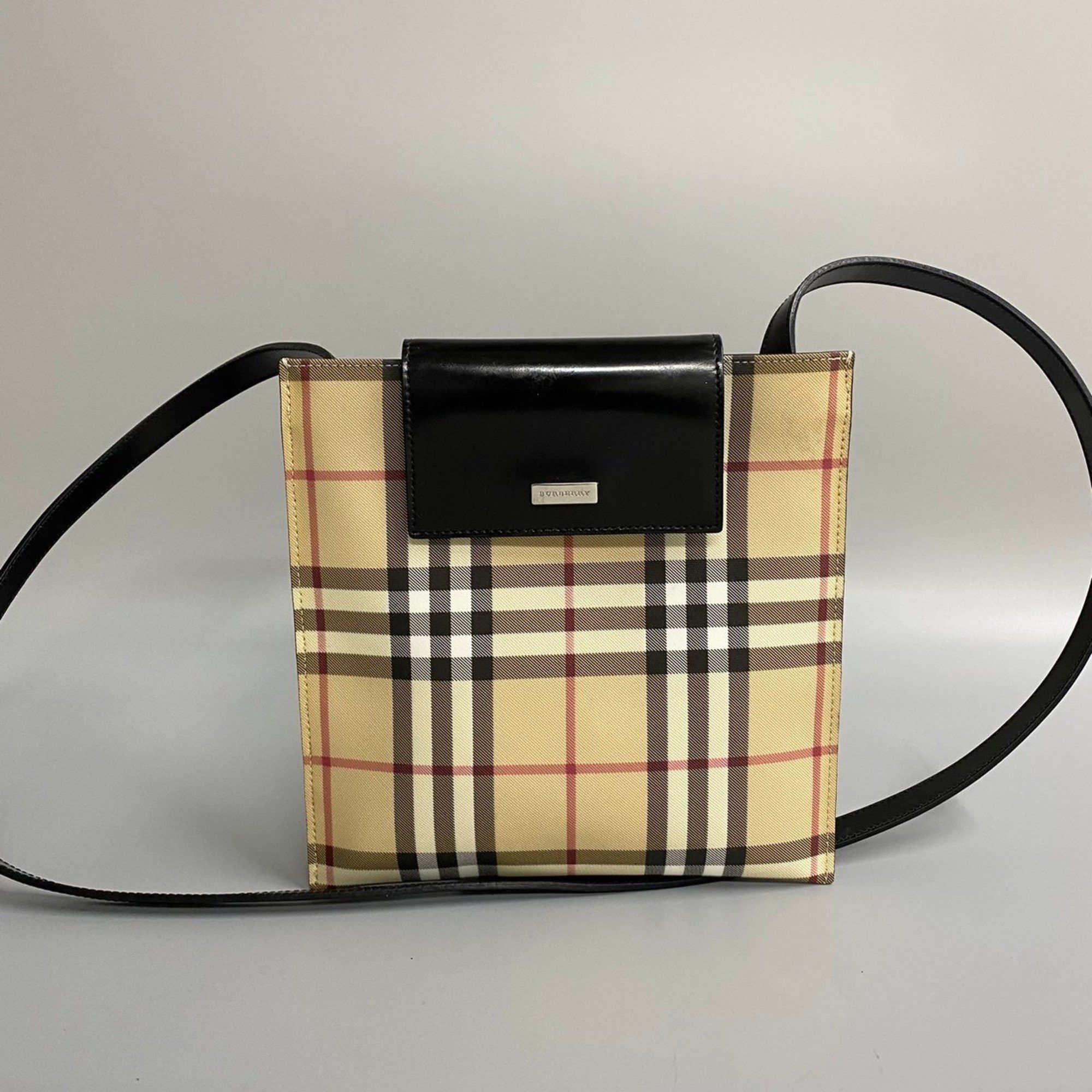 image of Burberry Nova Check Pattern Metal Fittings Leather Shoulder Bag Pochette Sacoche Black 20343 in Bei