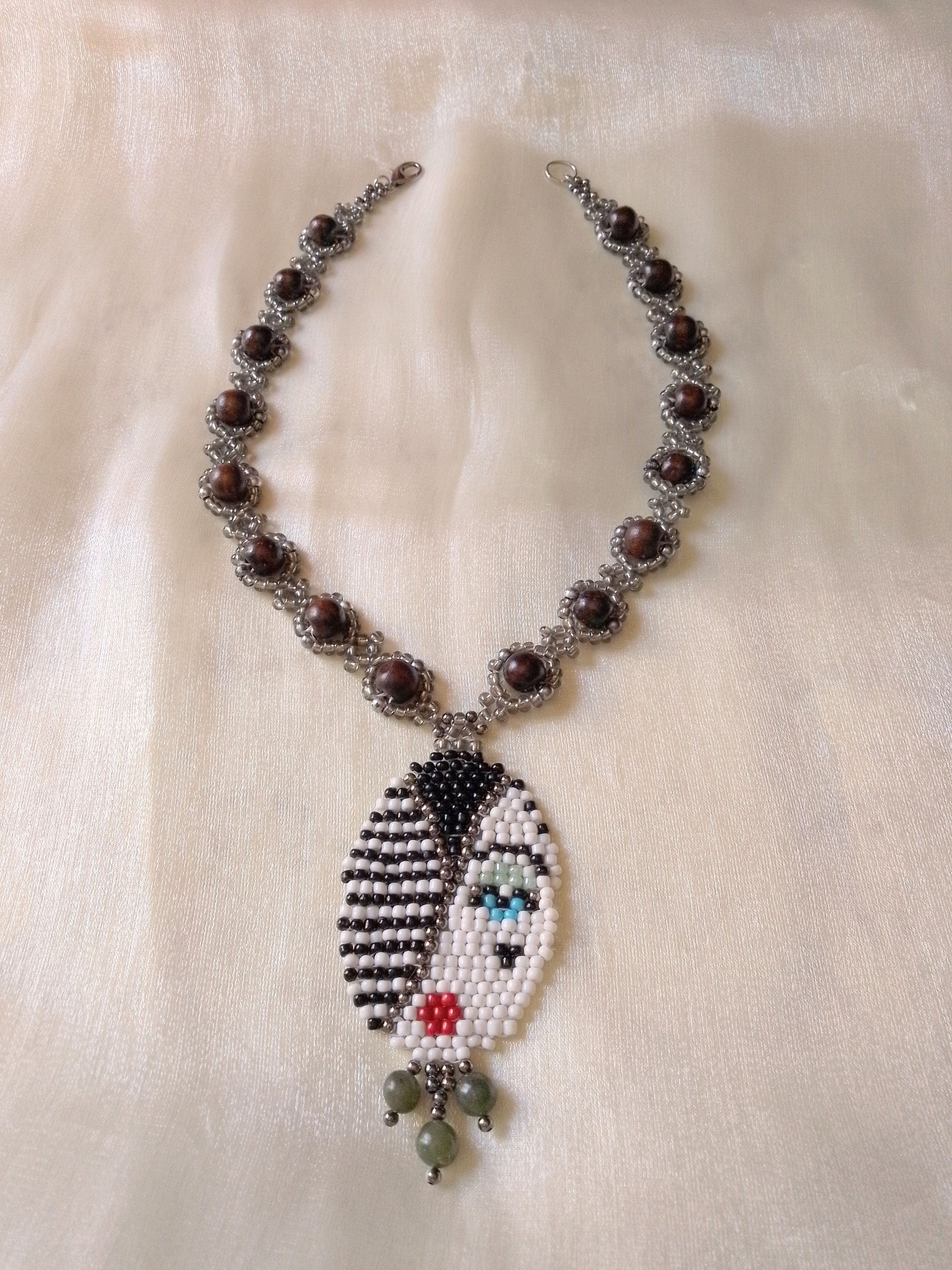Handmade Boho necklace in wood pendant with natural jade gemstones Size ONE SIZE - 1 Thumbnail