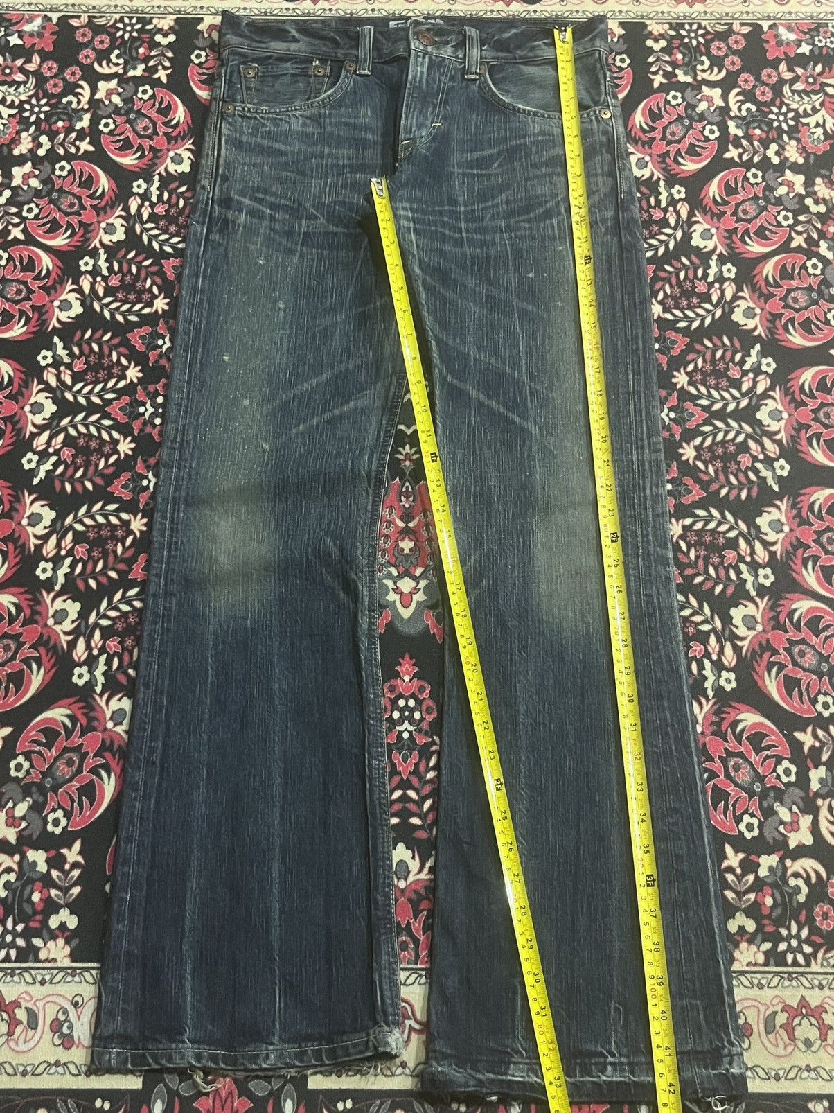 Number (N)ine Edwin 503 Japan Blue Trip Dark Blue Frayed Leg Flare Jeans Size US 30 / EU 46 - 12 Thumbnail