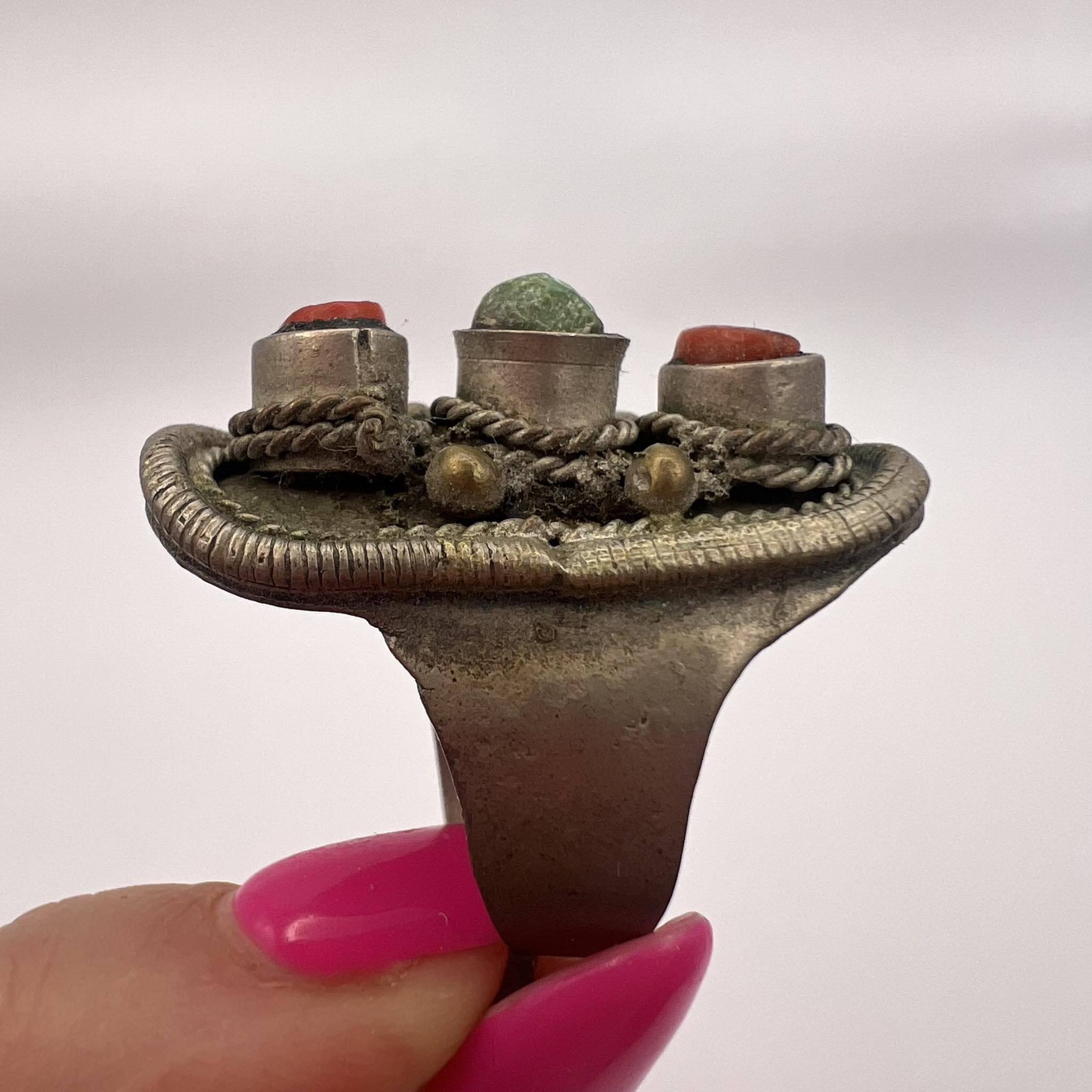 Antique Ethnic Bedouin Yemen Coral Turquoise Handmade Ring