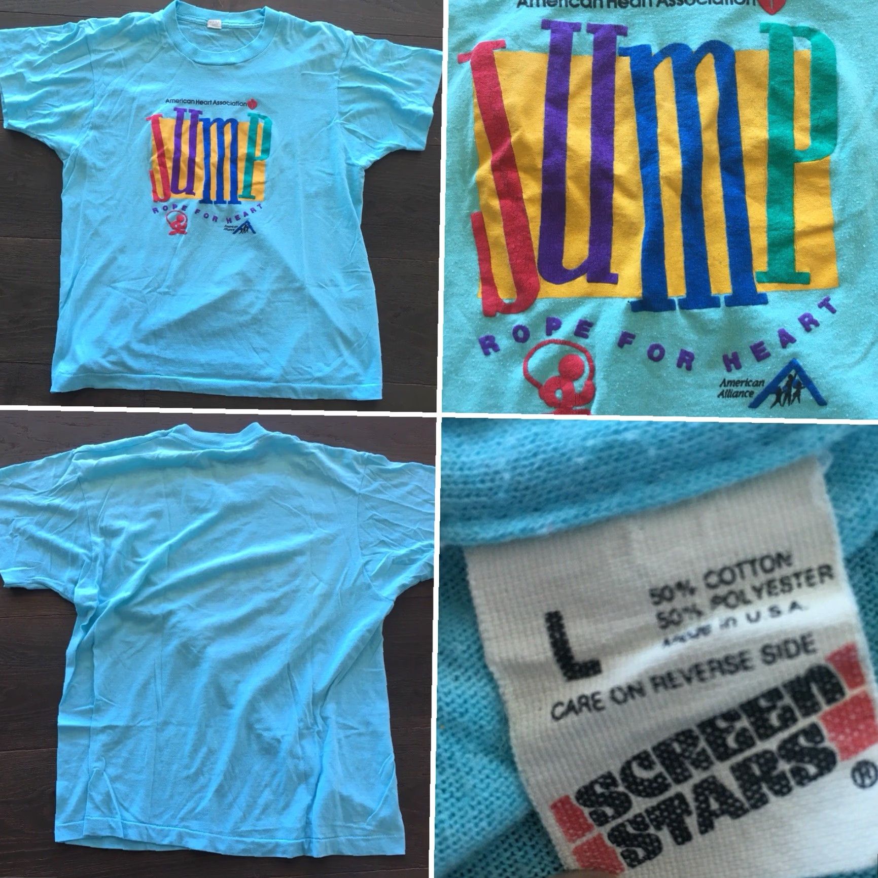 Vintage VINTAGE Screen Stars Shirt Men L Blue Jump Rope For Heart 80s Graphic Tee 1980s American Heart Association Size US L / EU 52-54 / 3 - 6 Thumbnail