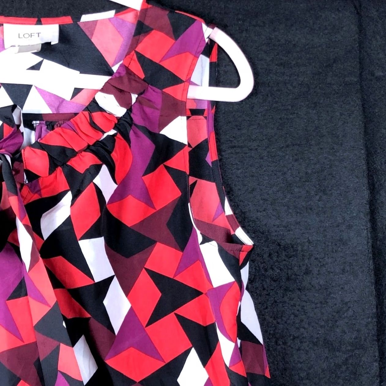 Ann Taylor Ann Taylor LOFT Blouse Womens Sleeveless Front Tie Small Multicolored Crew Neck Argyle/Diamond Pattern Chiffon Polyester Lightweight All Seasons Size S / US 4 / IT 40 - 5 Thumbnail