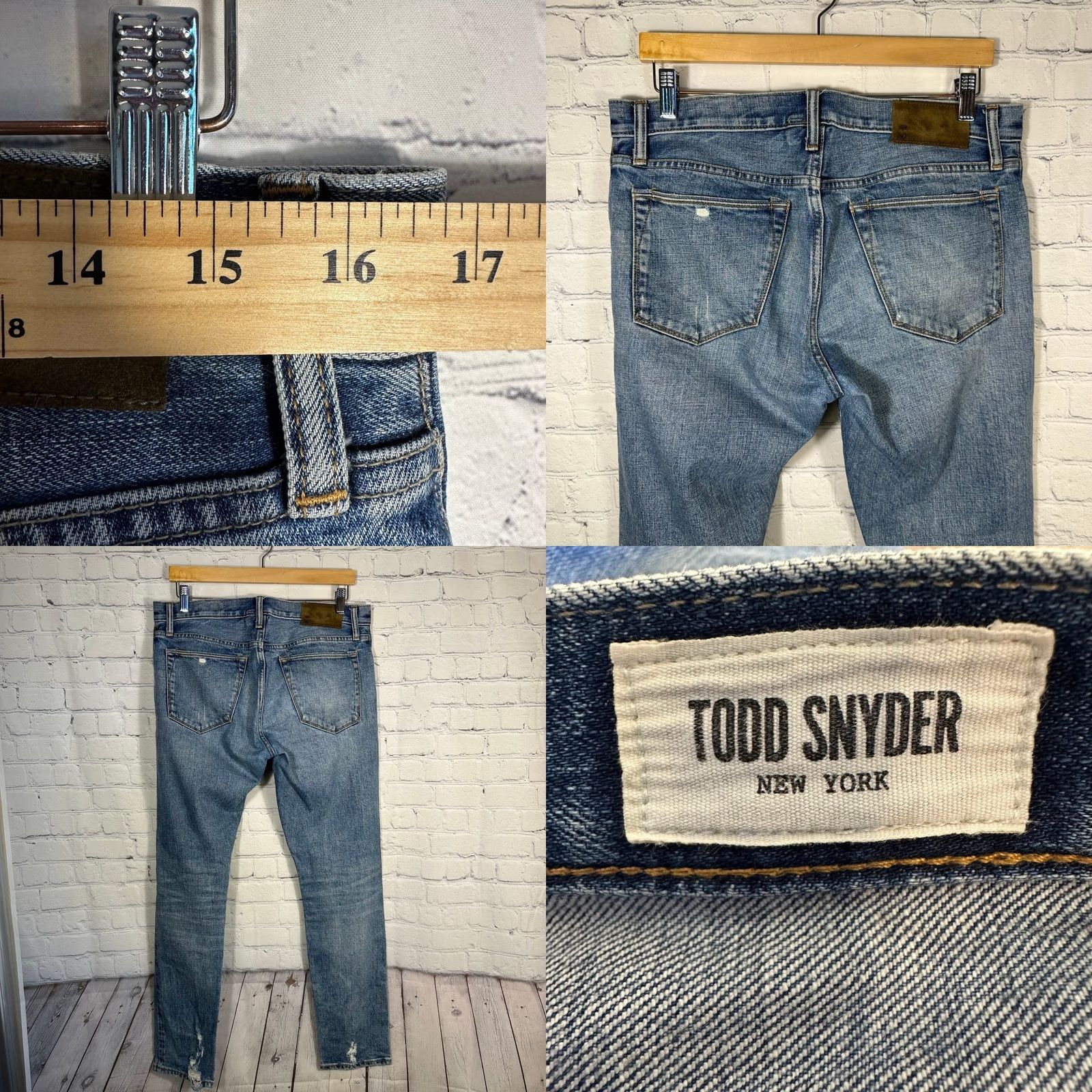 Todd Snyder Todd Snyder Jeans Slim Straight Denim 33x32 Button Fly Mens Blue Distressed 5-Pocket Logo Embroidered Footprint Size US 33 - 8 Thumbnail