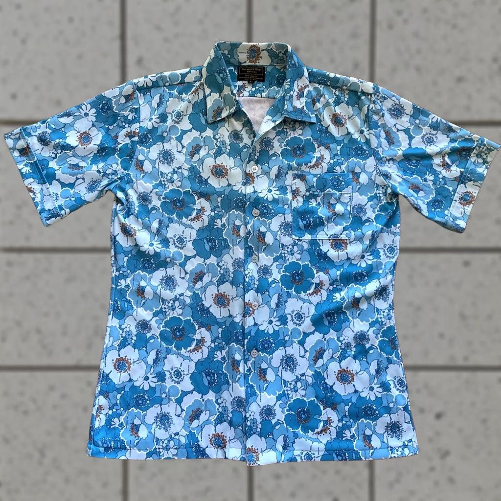 JCPenney VINTAGE JC Penneys Shirt Mens Large Hawaii Floral Blue Button Up Short Sleeve Casual 60s 70s 80s USA Size US L / EU 52-54 / 3 - 1 Thumbnail