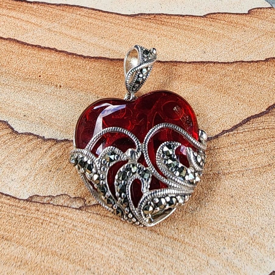 Designer Ross-Simons Sterling Silver Marcasite Glass Heart Pendant Size ONE SIZE - 2 Thumbnail