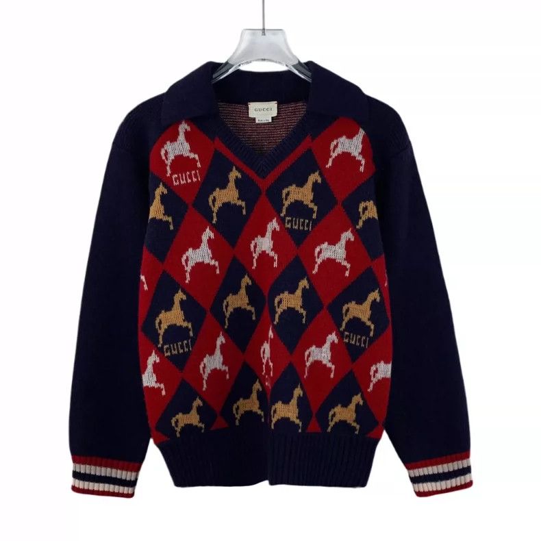 Gucci Gucci Size 10 Color-blocked striped pony inlaid wool V-nec Size US S / EU 44-46 / 1 - 1 Thumbnail