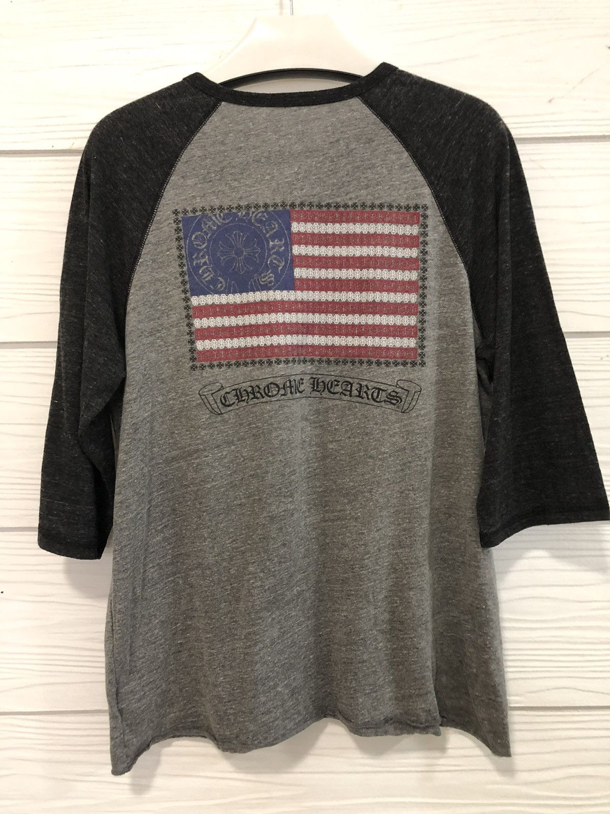 image of Chrome Hearts Raglan American Flag Tee in Grey, Men's (Size XL)