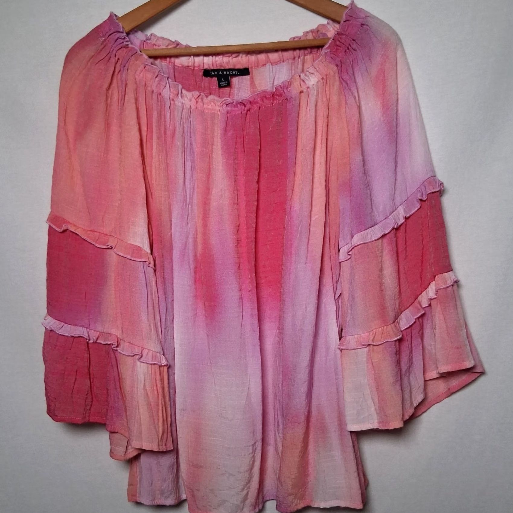 Vintage Zac & Rachel Blouse Large Pink Tie Dye Peasant Hippie Boho Off Shoulder 3/4 Sleeve Bell Sleeve Polyester Rayon Size L / US 10 / IT 46 - 2 Thumbnail