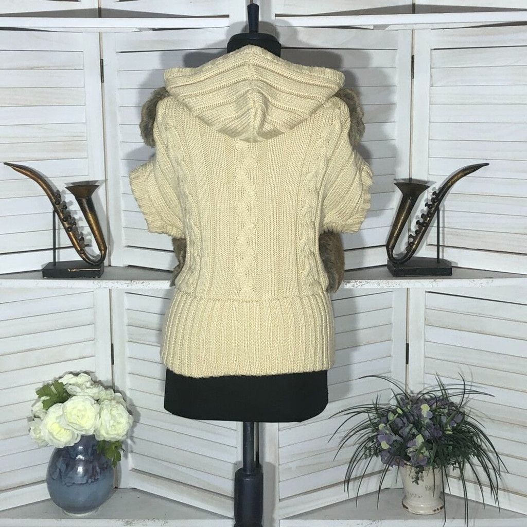 Vintage 90s Y2K Faux Fur vest wool brown beige cable knit w/ hood S Size S / US 4 / IT 40 - 2 Thumbnail
