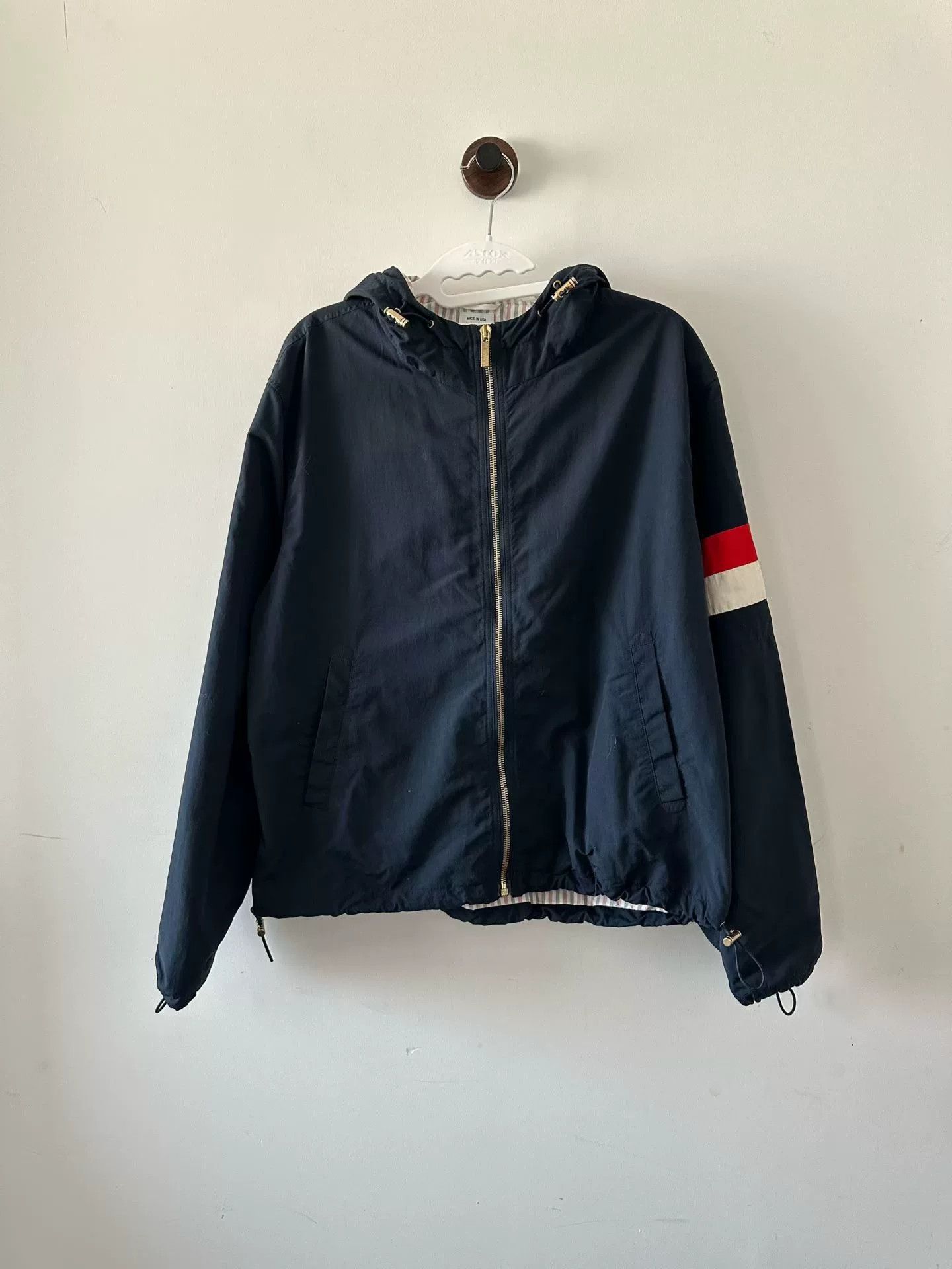 thom browne hooded jacket with stripes