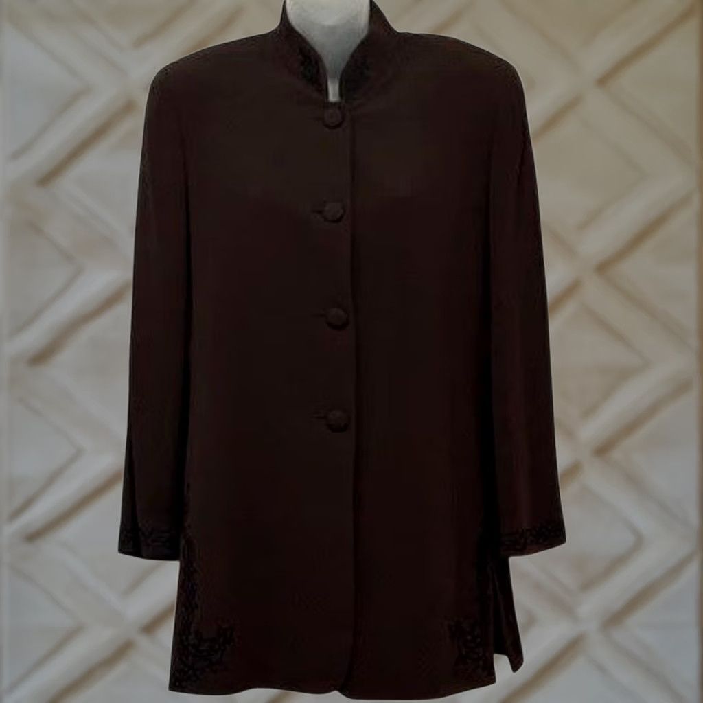 Anne Klein VINTAGE Anne Klein II Mandarin Collar Brown Embroidered Blazer Jacket Size 8P Petite Women Workwear Size M / US 6-8 / IT 42-44 - 1 Thumbnail