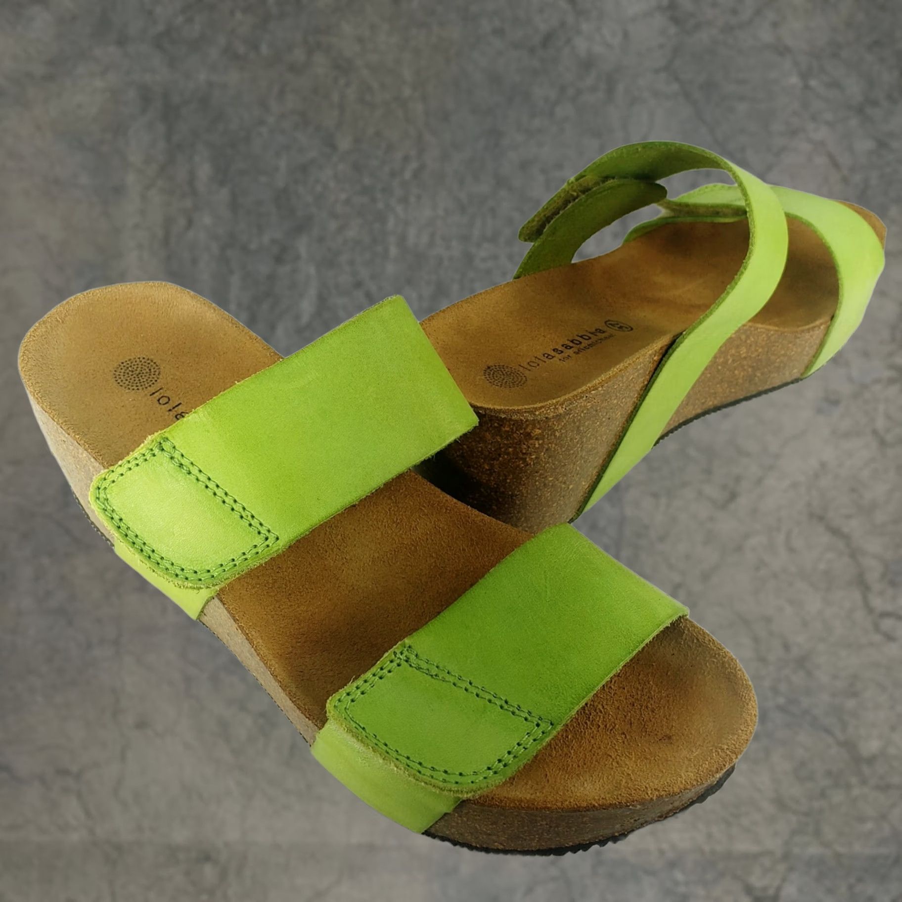 Vintage Lola Sabbia Lily Avocado Green Cork Bed Wedge Slide Sandals US 6-6.5 Leather Velcro Adjustable Strap Women Size US 6.5 / IT 36.5 - 1 Thumbnail