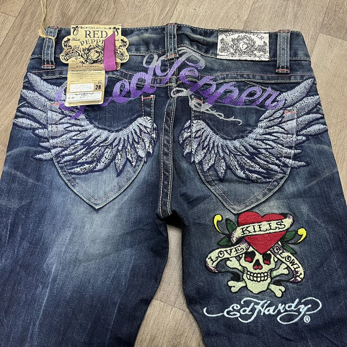 Ed Hardy × Japanese Brand Flare Jeans Red Pepper Jeans Embroidered Boot Cut Denim Size 28" / US 6 / IT 42 - 3 Thumbnail