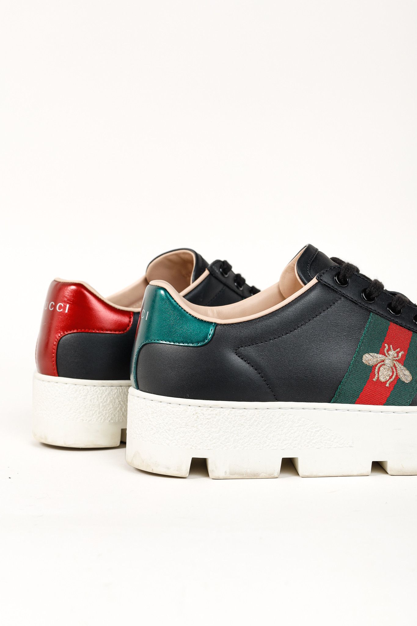 Gucci Gucci Ace Web Gold Bee Black Leather White Platform Sneaker Size US 9.5 / IT 39.5 - 8 Thumbnail