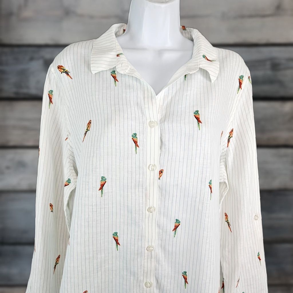 Vintage Chicos Womens Shirt Sz XL No Iron Linen Button-Up White Red Parrot Print Size XL / US 12-14 / IT 48-50 - 1 Thumbnail