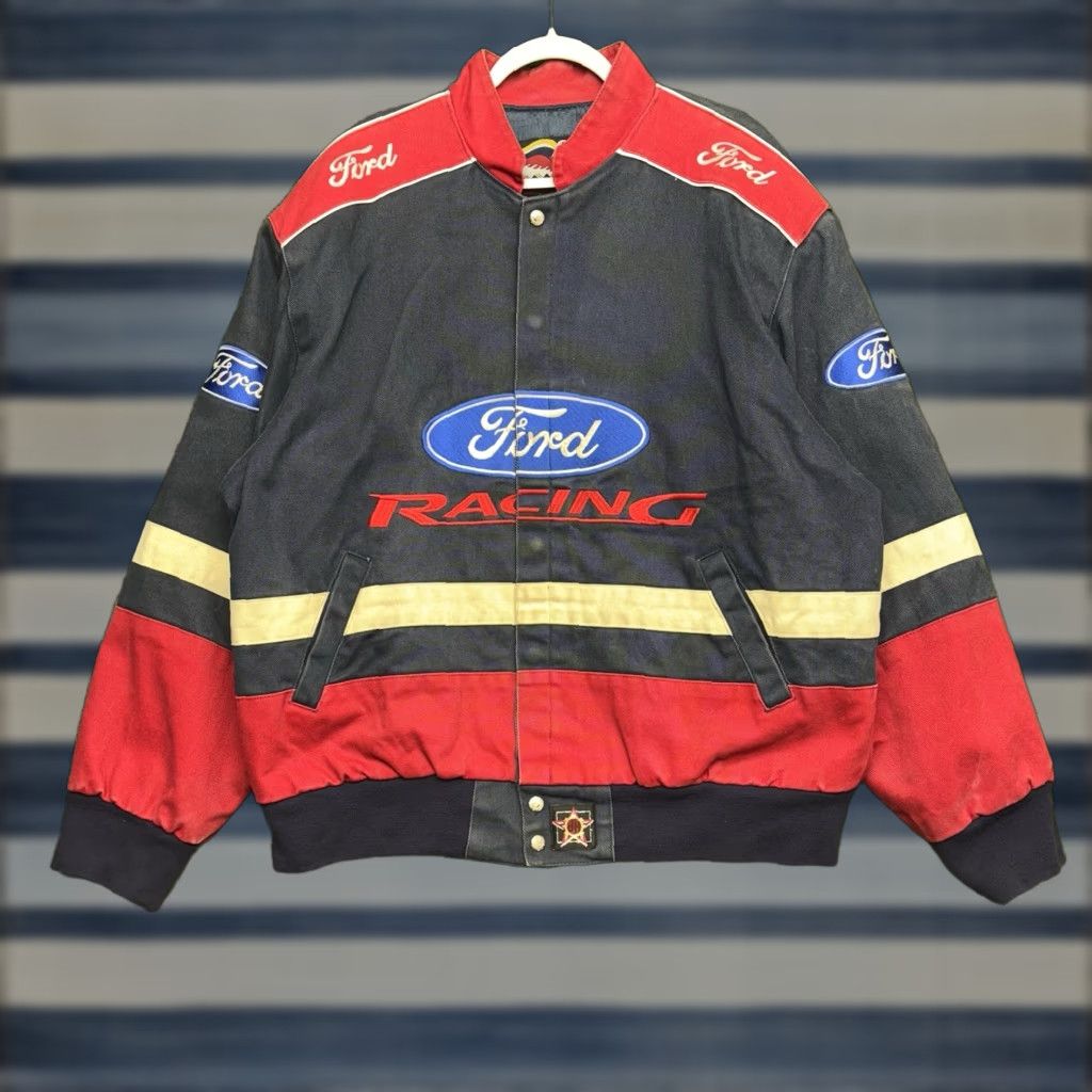 Vintage Yes Jeff Hamilton Brand JH Designs Ford Motor Company NASCAR Racing Jacket Mens XL Denim Cotton Bomber Zip? Snap?