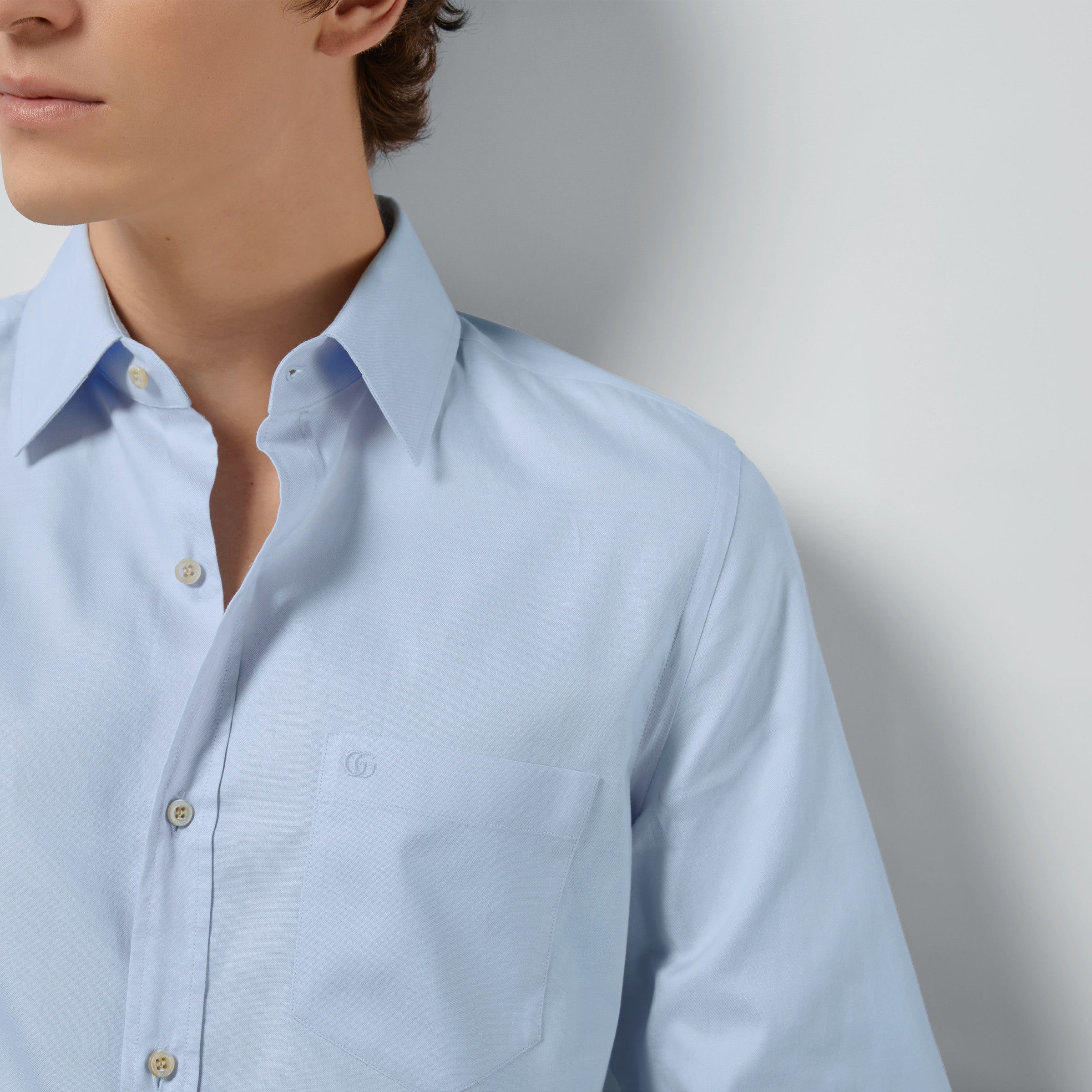 Gucci oc11z1025 Cotton Shirt With Double G Embroidery in Sky Blue Size US L / EU 52-54 / 3 - 3 Thumbnail
