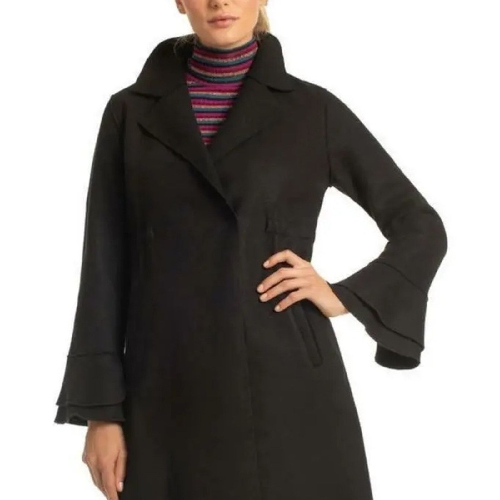 image of Trina Turk Sasha Bell Sleeve Coat Raw Edge Black, Size 6, Women's