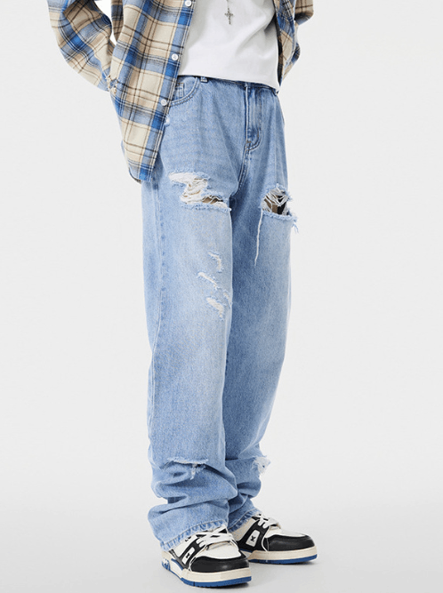 Japanese Brand Street trend distressed straight-leg ripped jeans Size US 32 / EU 48 - 2 Thumbnail
