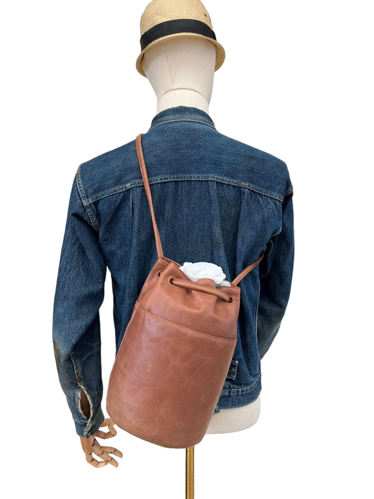 image of Goa Japan Patina Goat Goatskin Leather Bucket Bag in Brown, Men's