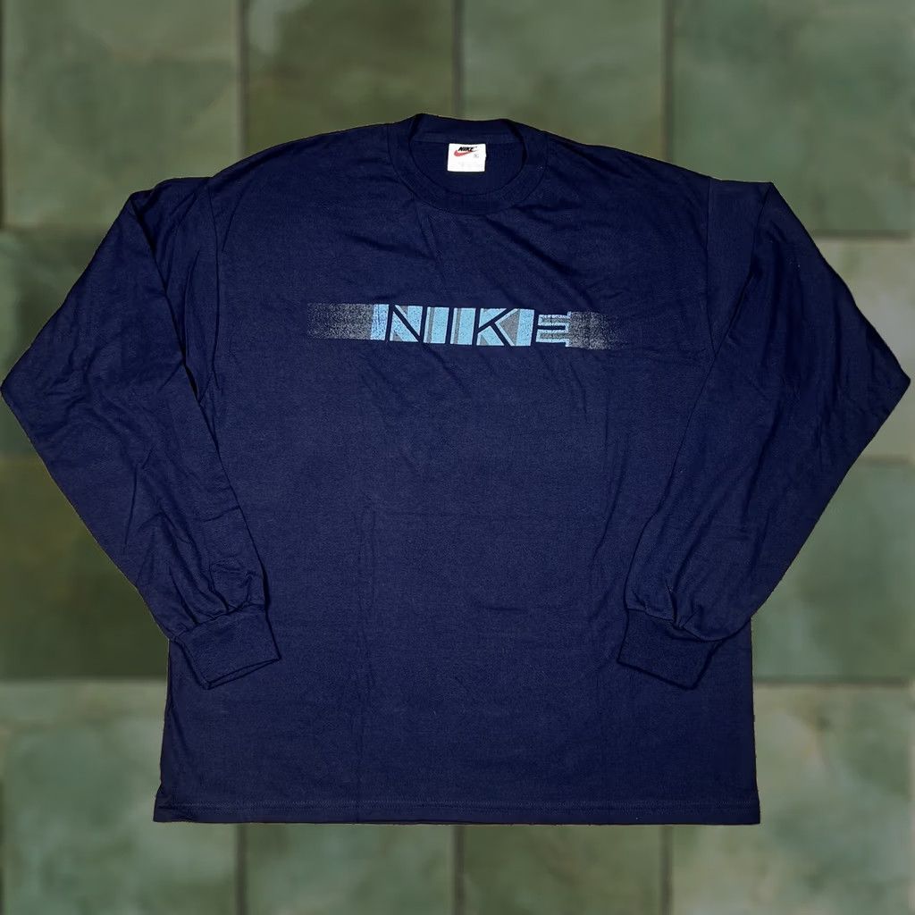 VINTAGE Nike T-Shirt Navy Blue 90s Spellout Double Sided Graphic XL Mens