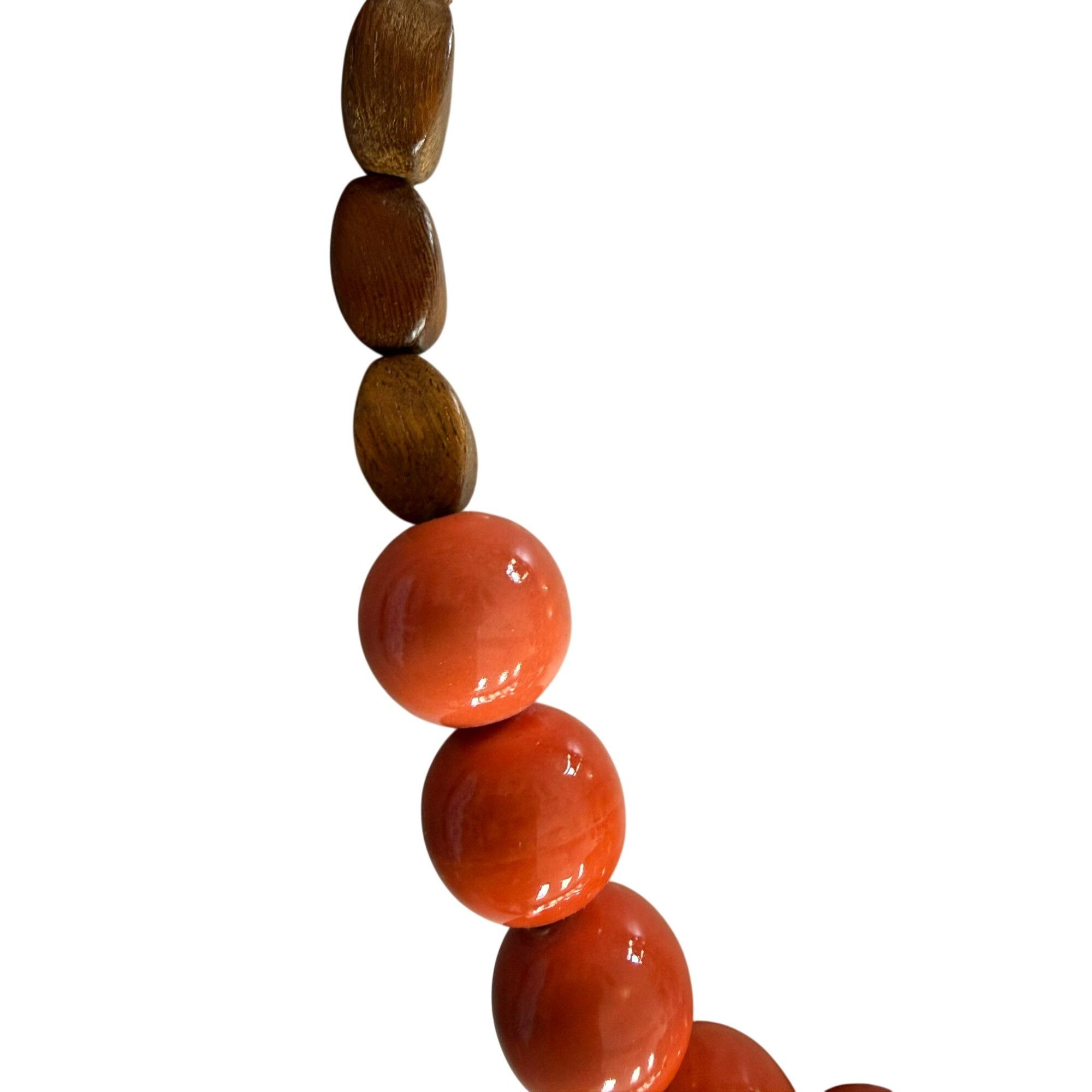 Handmade Wood & Orange Ceramic Beaded Necklace With Adjustable Lobste Size ONE SIZE - 2 Thumbnail