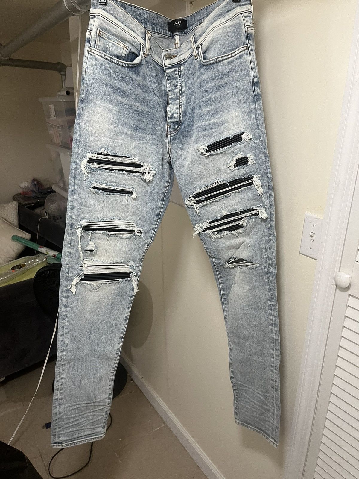 image of Amiri Leather Thrasher Jean Size 38 in Indigo Stone, Men's