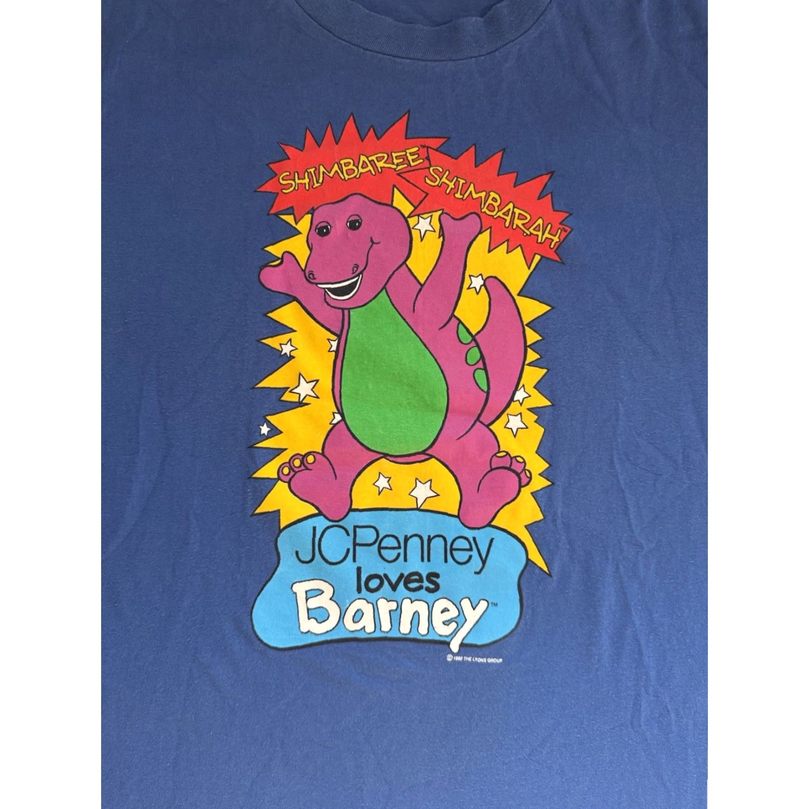 VINTAGE Barney T Shirt ADULT XL Blue Crew Neck Short Sleeve 1990s 1992 JC Penney PBS Mister Rogers Sesame St Logo Cotton Men Mens
