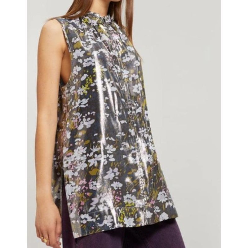 Ganni Ganni Floral print silk blend Metallic top Olive Green Size S / US 4 / IT 40 - 8 Thumbnail