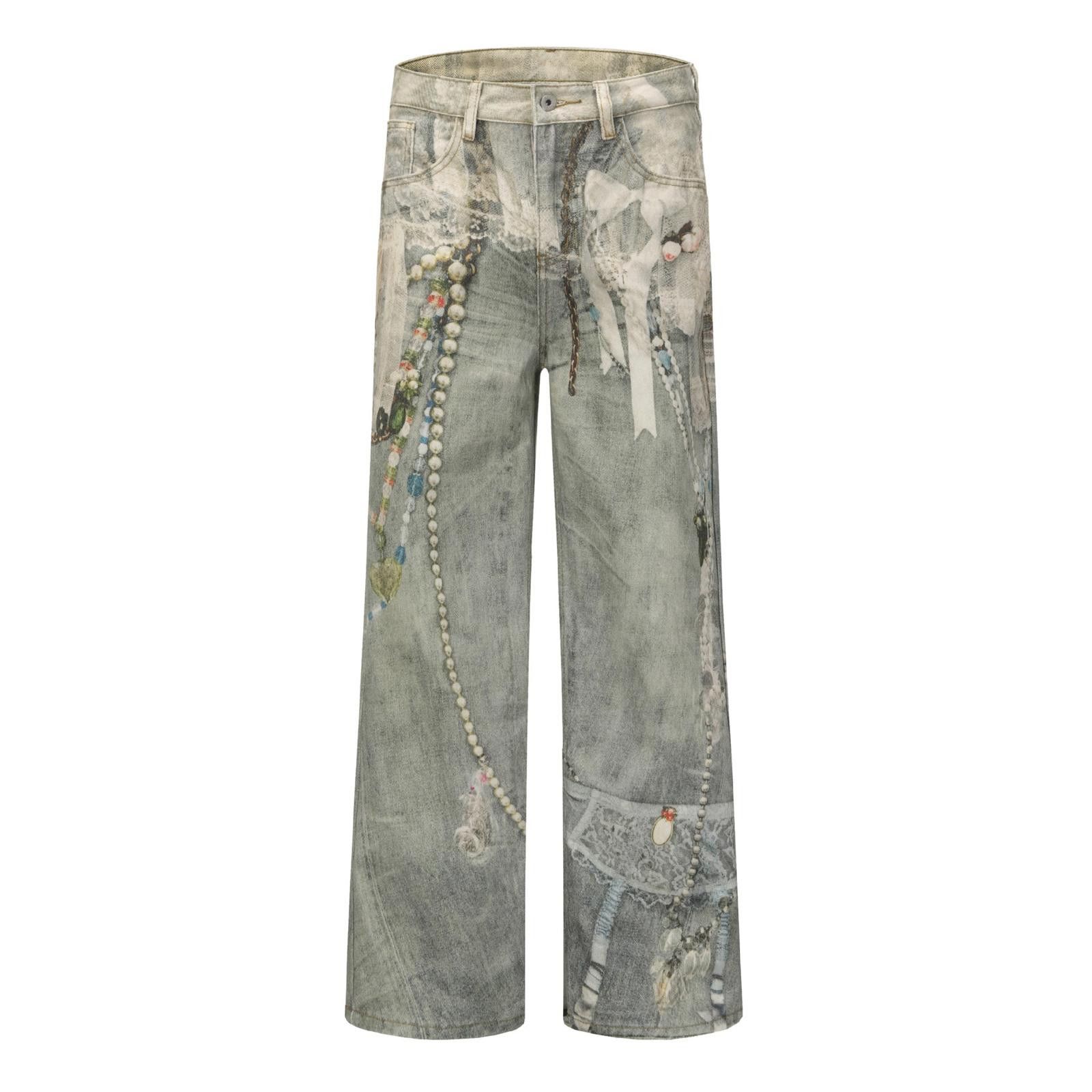 Japanese Brand Pearl Chain Print Distressed Wide-Leg Denim Size 26" / US 2 / IT 38 - 1 Thumbnail