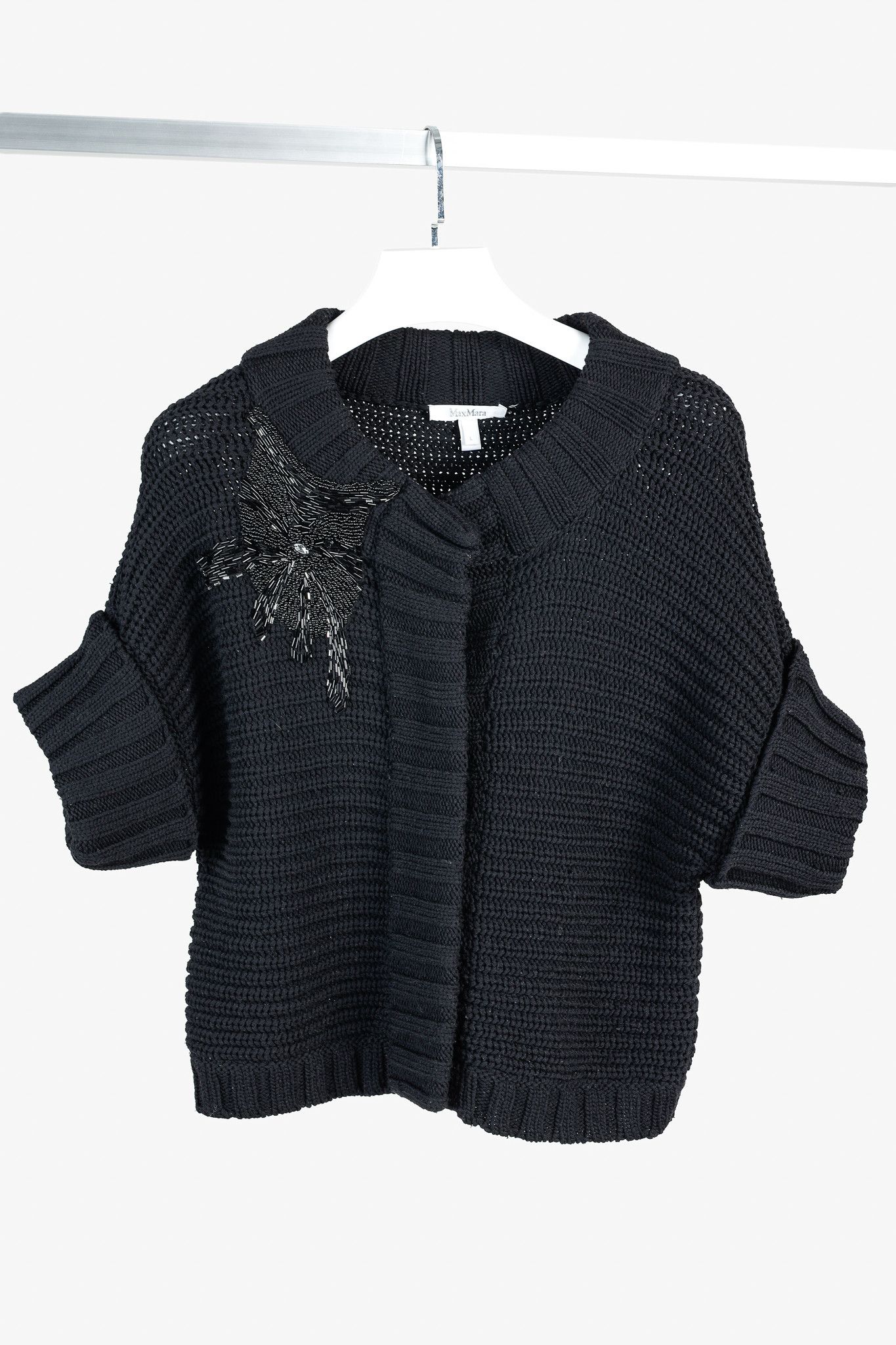 Max Mara MaxMara Black Chunky Knit Beaded Boxy Cardigan Size L / US 10 / IT 46 - 1 Thumbnail