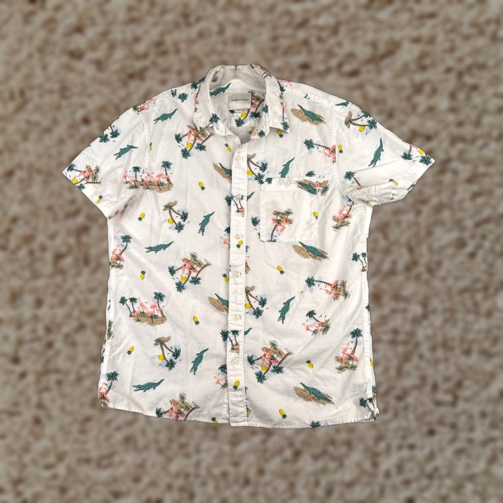 American Eagle Outfitters VINTAGE American Eagle Shirt Adult Medium White Hawaiian Pineapple Flamingo Croc 100% Cotton Mens Size US M / EU 48-50 / 2 - 1 Thumbnail