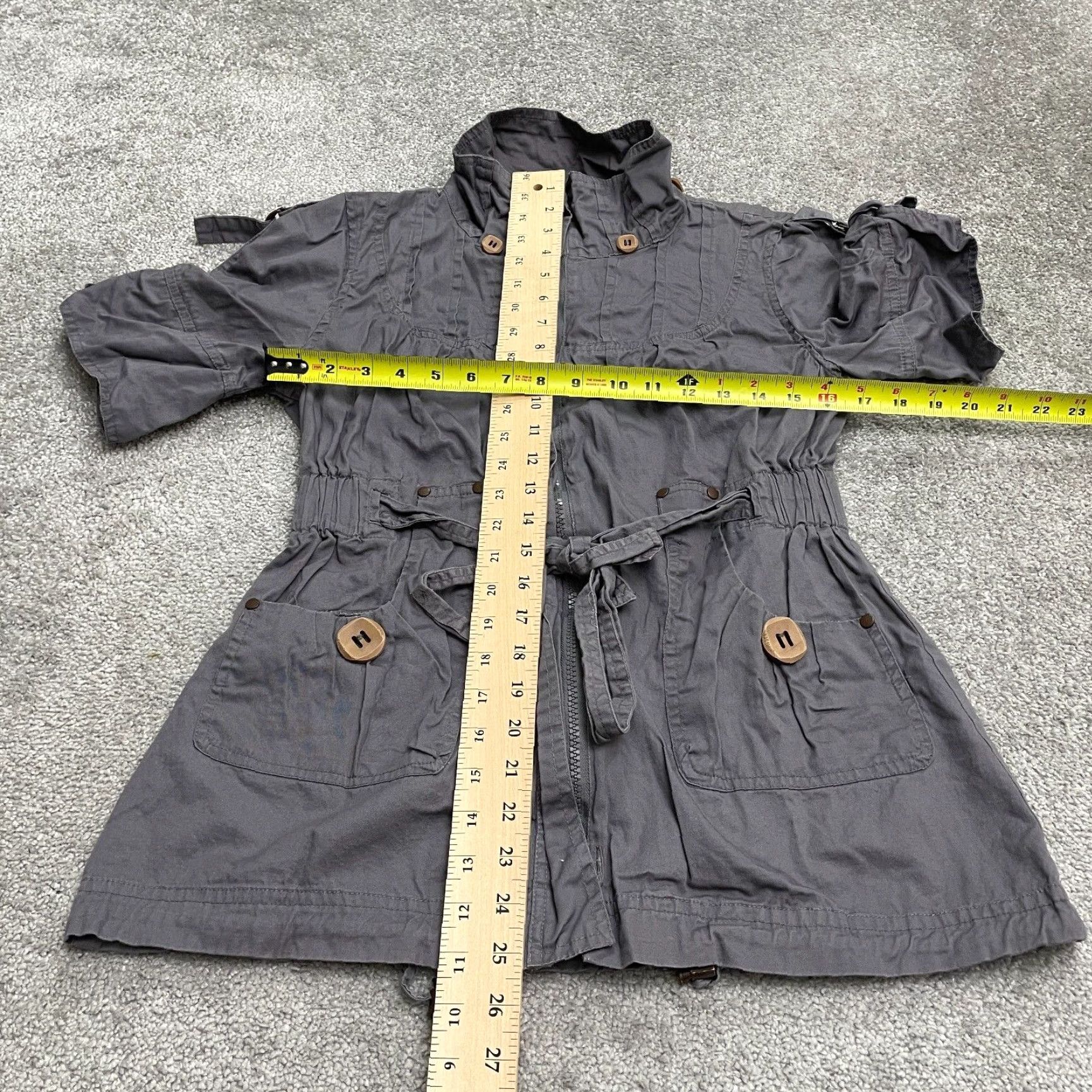 Vintage LAST KISS Jacket Womens L Gray Full Zip Belted Pockets Short Sleeve Casual Mid-Length All Seasons Size 36" / US 14 / IT 50 - 5 Thumbnail
