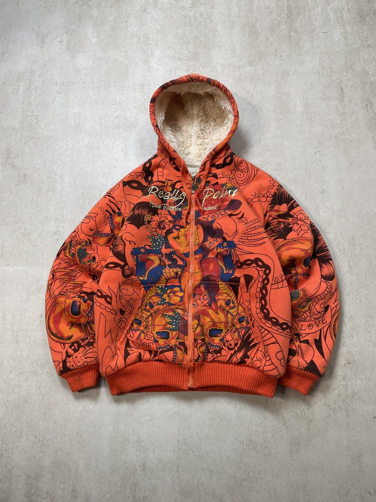 Christian Audigier 🔥Y2K VINTAGE REALLY POINT WOLF JAW JACKET MOHAIR ZIP HOODIE🔥 Size US L / EU 52-54 / 3 - 5 Thumbnail
