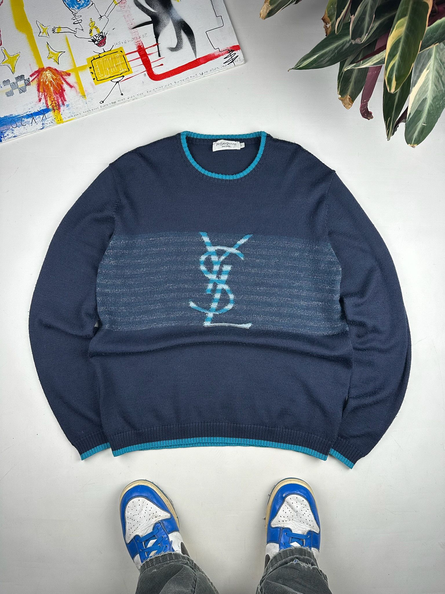 Vintage Navy/Blue YSL Sweater Big Logo YSL Sweatshirt Size US L / EU 52-54 / 3 - 1 Thumbnail