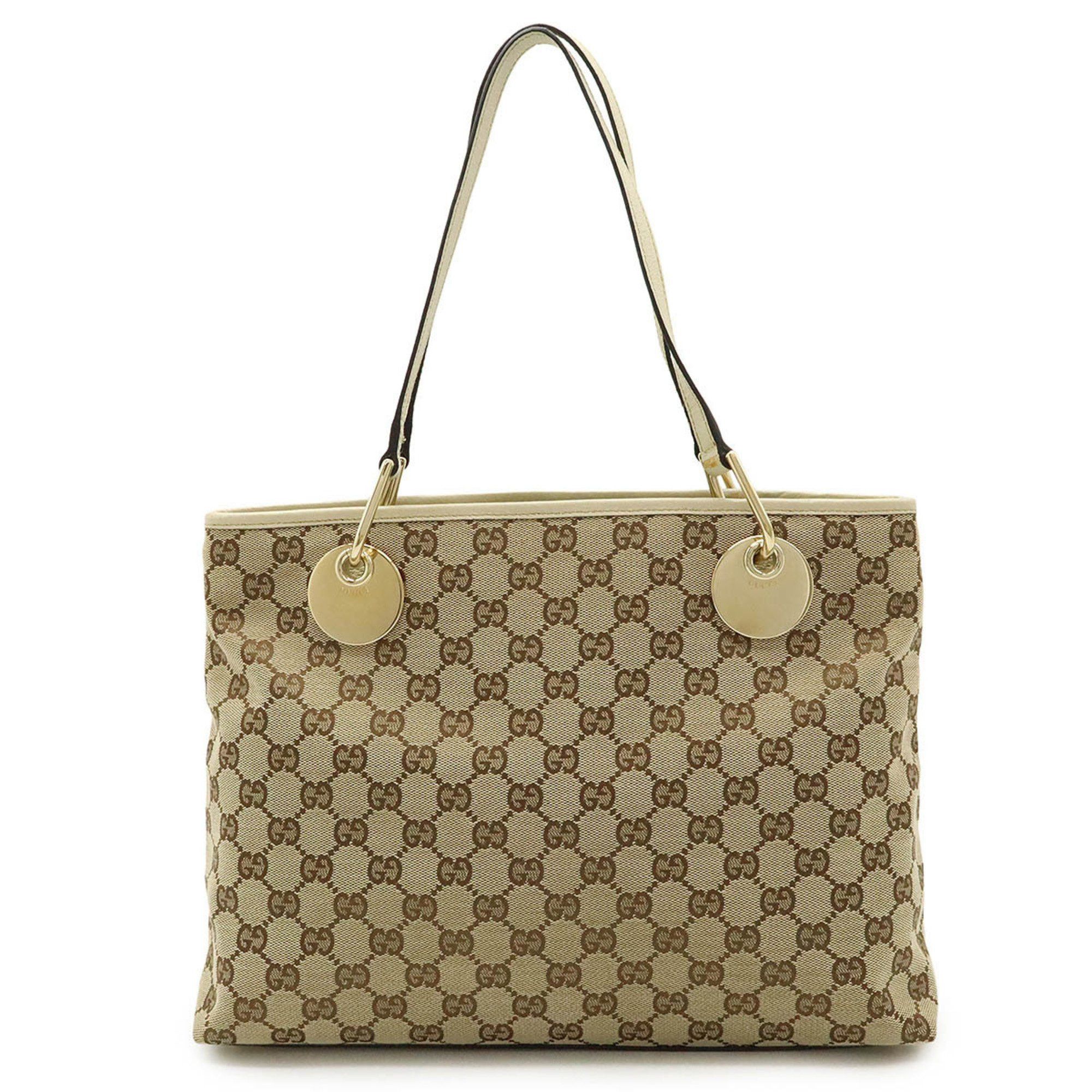 Gucci GG Canvas Tote Bag Shoulder Leather Beige Light 120837, Women's