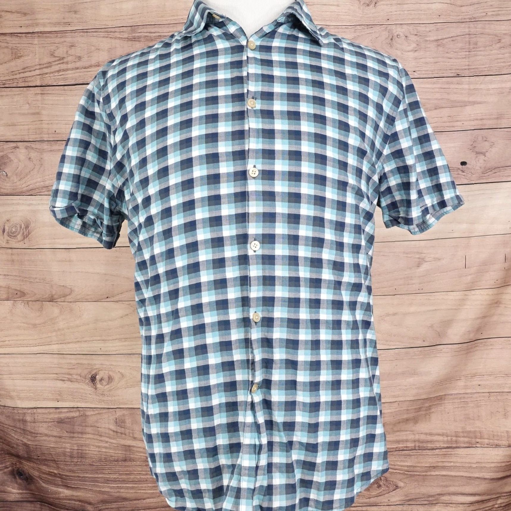 John Varvatos John Varvatos U.S.A. Shirt Mens Large Blue Plaid Cotton Button-Up Short Sleeve Mens Size US L / EU 52-54 / 3 - 3 Thumbnail