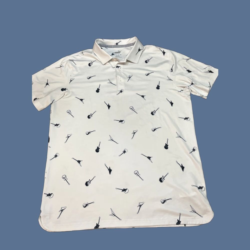 Puma Puma Golf Polo Mens M White Geometric Guitar Print Logo Breathable Moisture Wicking Short Sleeve Regular Fit All Seasons Athletic Shirt Size US M / EU 48-50 / 2 - 1 Thumbnail