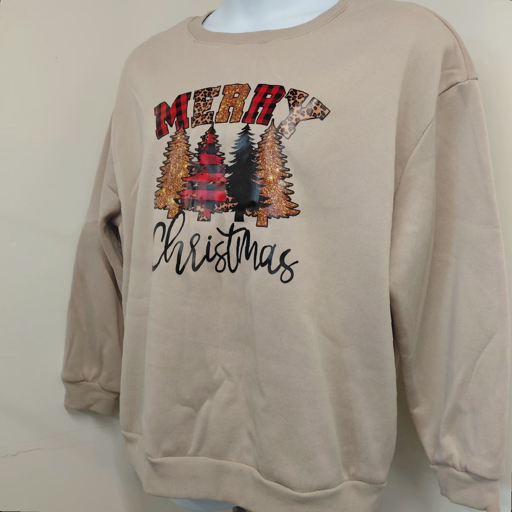 Shein Shein Sweatshirt Women's 2XL Tan Merry Christmas Trees Print Fleece Lined Xmas Size XXL / US 16-18 / IT 52-54 - 2 Thumbnail