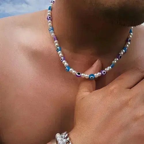Jewelry Colorful Evil Eyes Beaded Chokers Necklaces in Silver, Men's