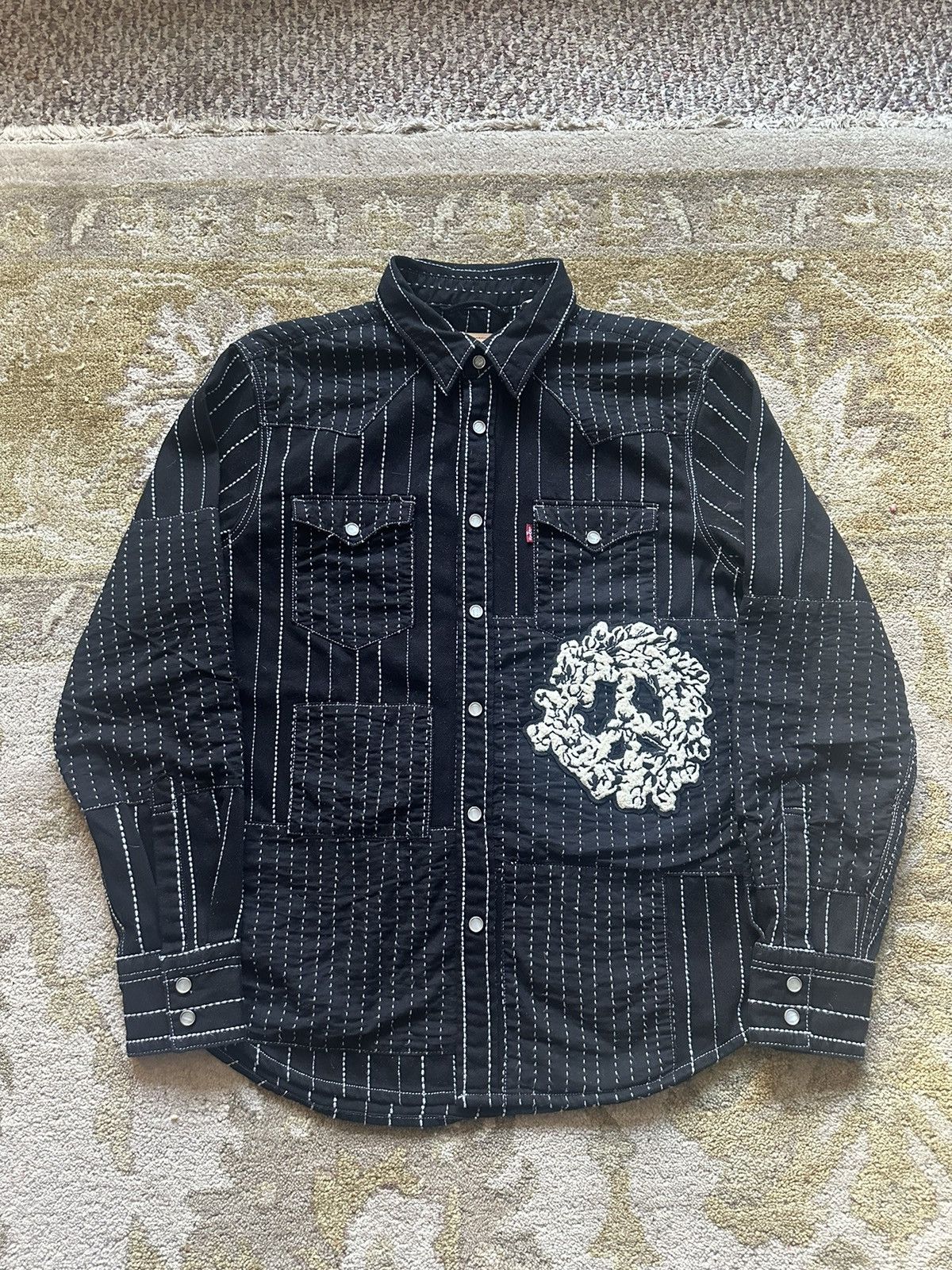 image of Denim Tears Peace Patchwork Snap Up Shirt in Black, Men's (Size Medium)