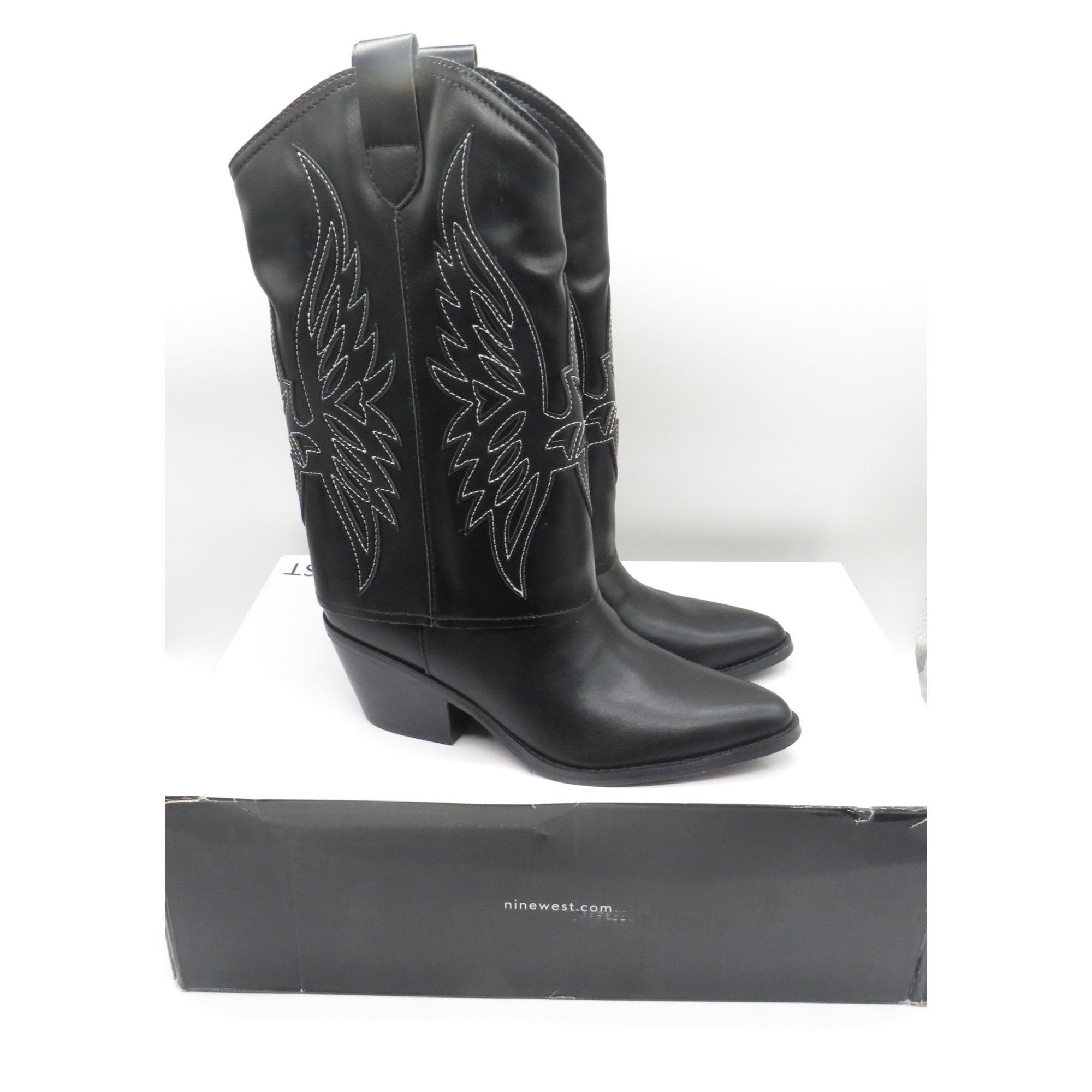Nine West Nine West Women's Black Cowboy Boot Embroidered Wings Floral Size US 6.5 / IT 36.5 - 1 Thumbnail