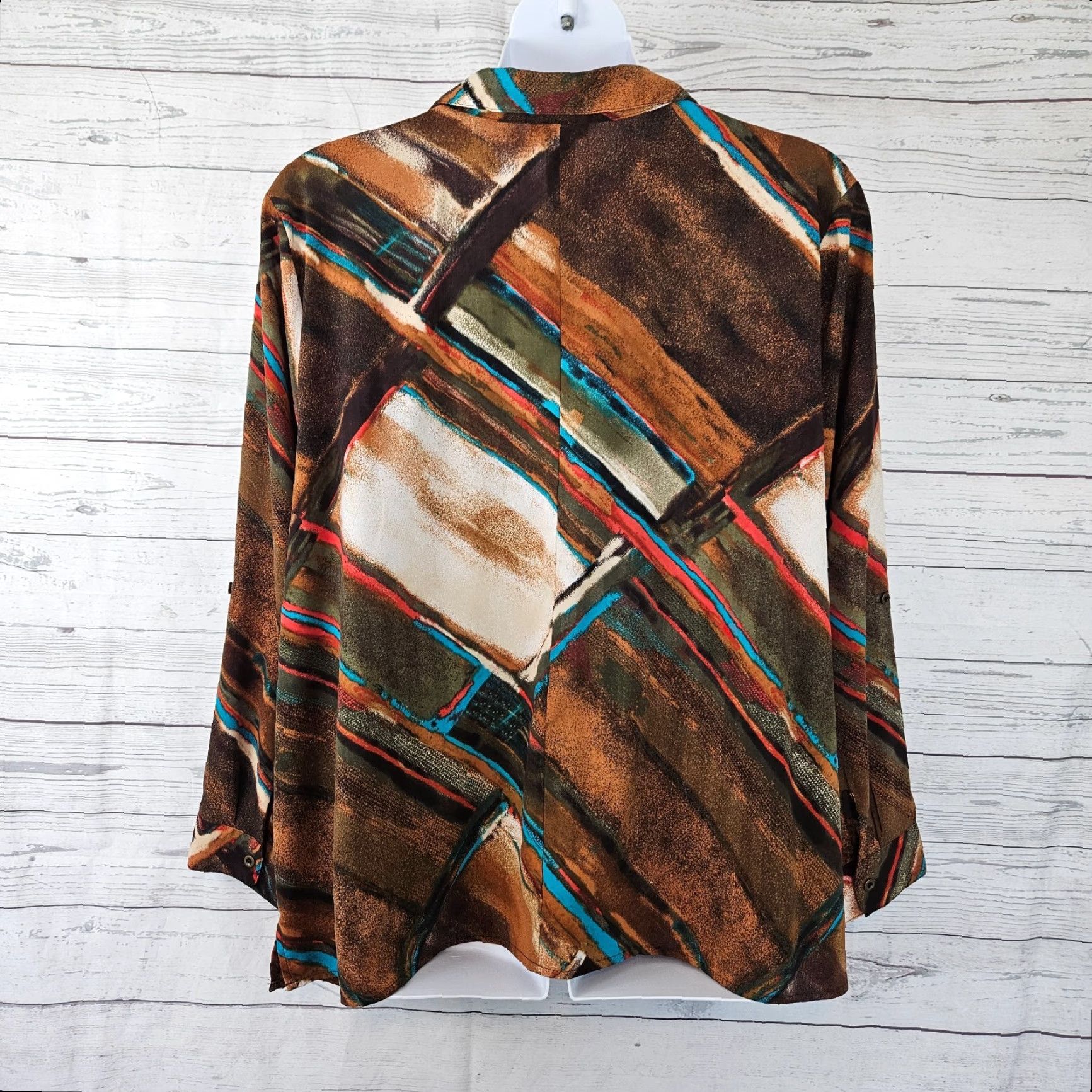 Vintage Catherines Button-Front Top Shirt Womens 3X Brown Blue Long Sleeve Pintuck Collared Button-Up Size XXL / US 16-18 / IT 52-54 - 3 Thumbnail