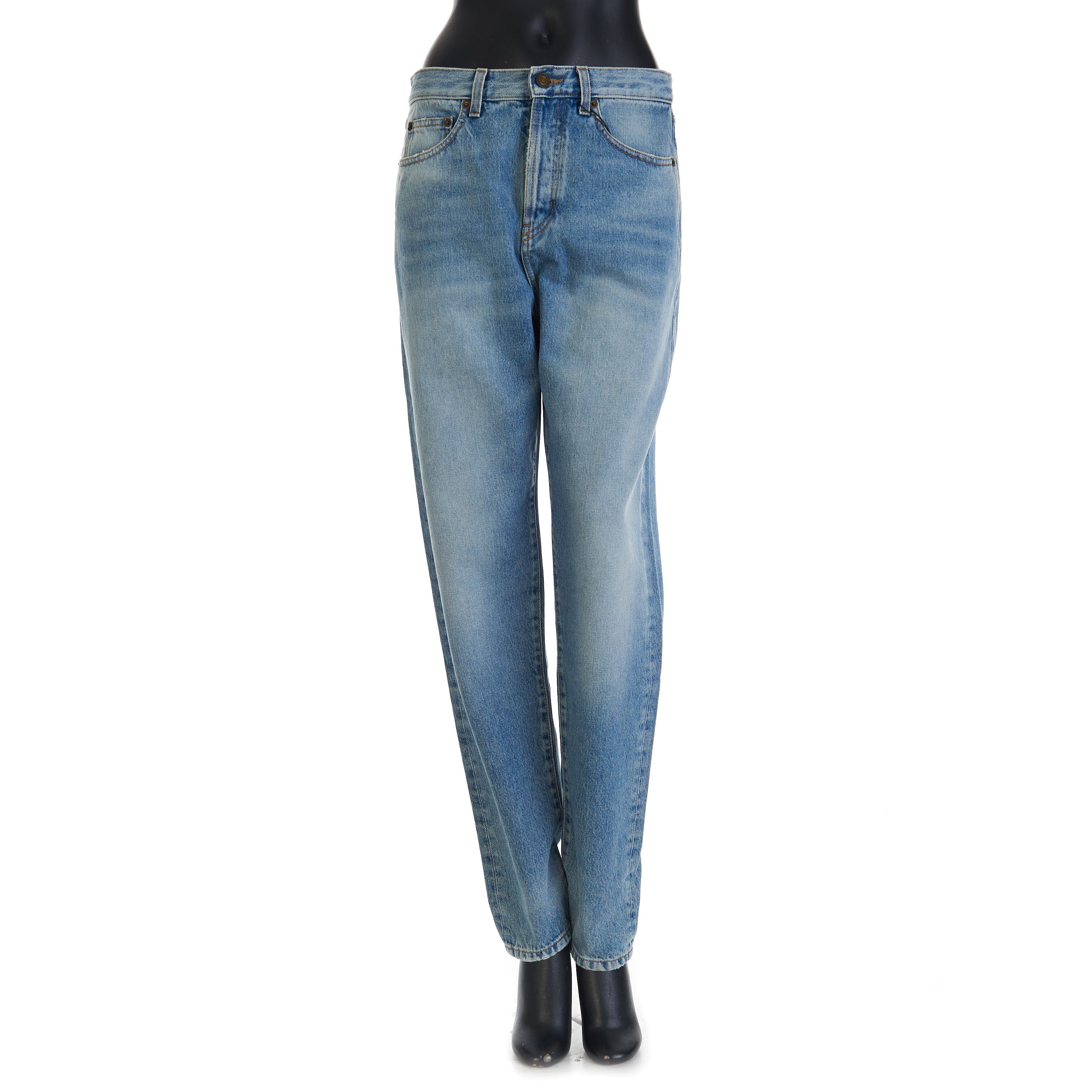 image of Saint Laurent Paris YSL High Waist Slim Fit Jeans In Pasadena Blue Denim, Women's (Size 29)