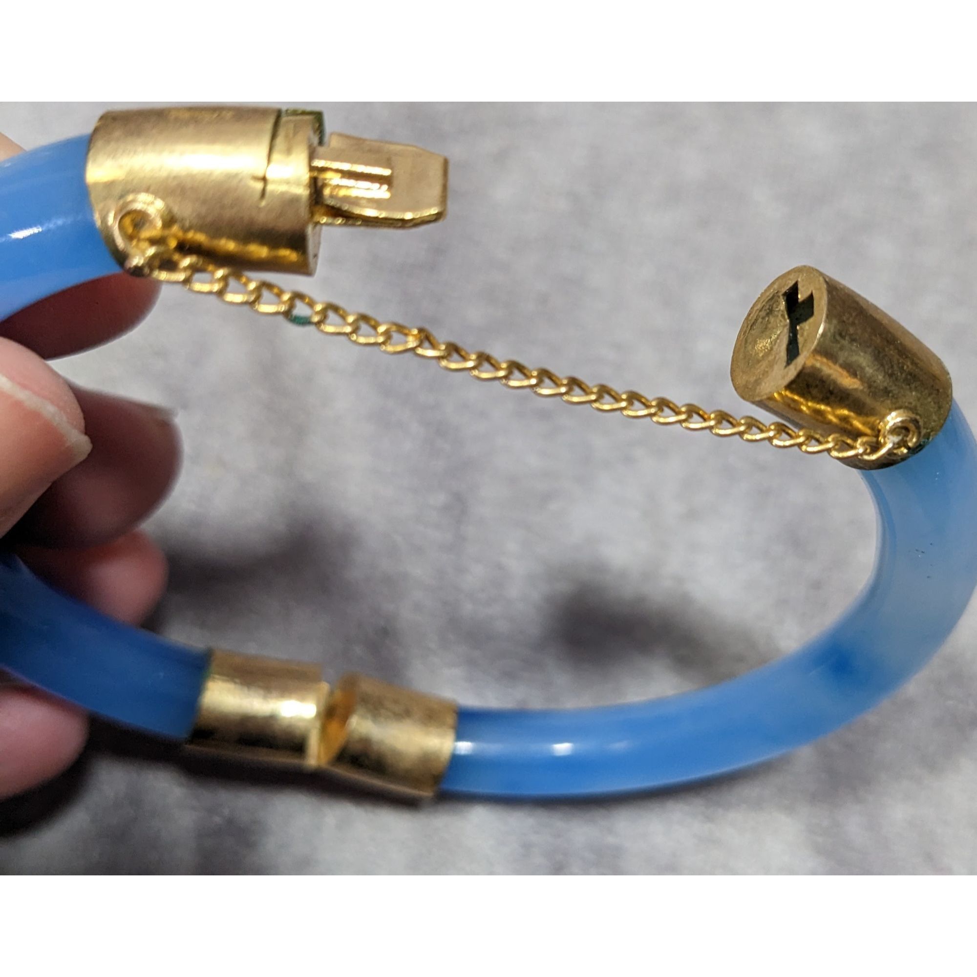 Other Vintage Midcentury Blue Marbled Glass And Gold Tone Hinged B Size ONE SIZE - 8 Thumbnail