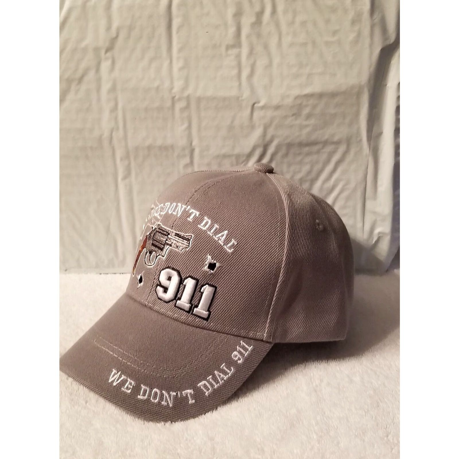 Vintage CALI Men Baseball Cap Adjustable Gray Pistol We Don’t Dial 911 Bullet Hole Theme Size ONE SIZE - 3 Thumbnail