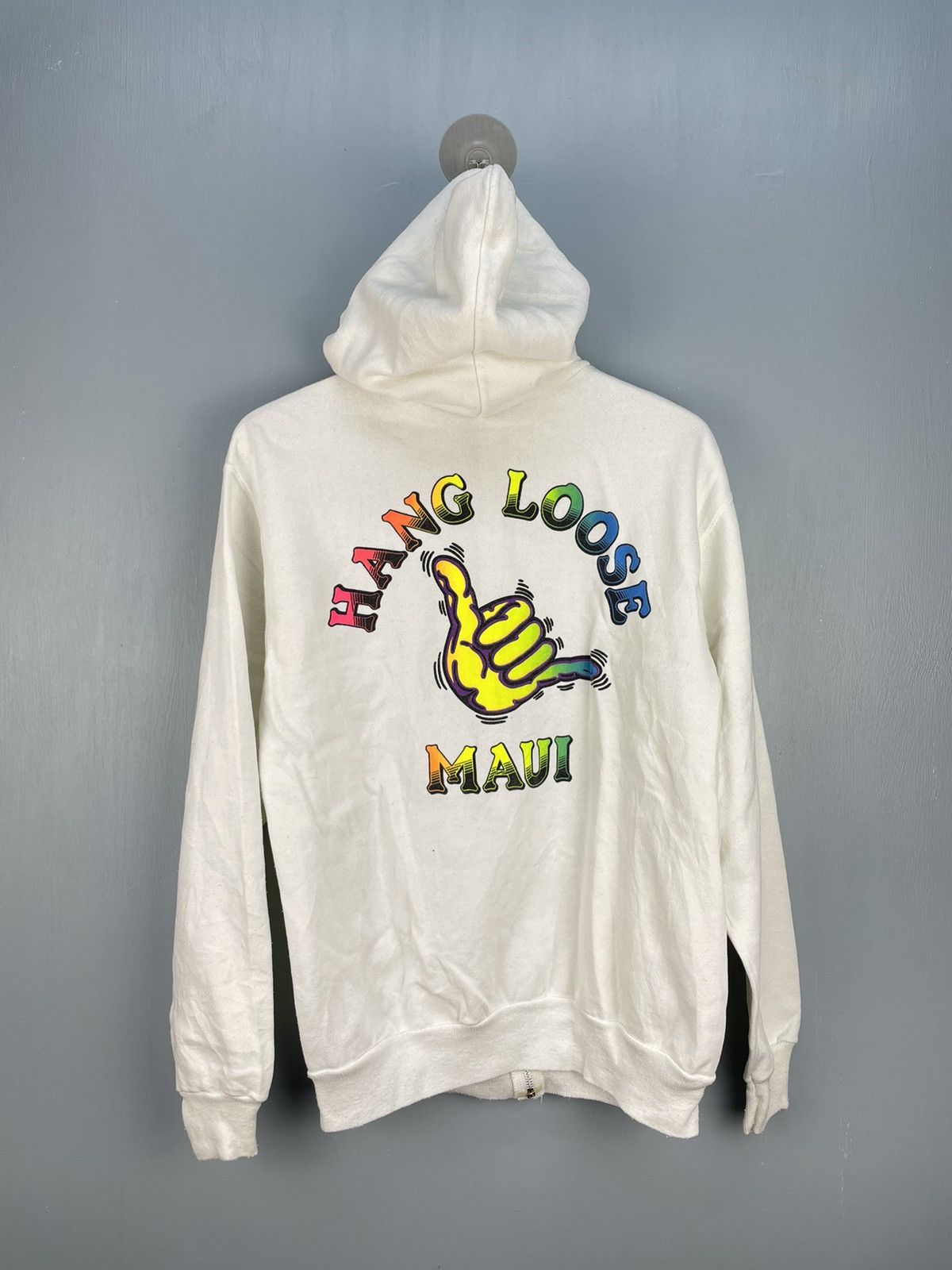 image of Vintage 80's Hang Loose Maui Zip Up Hoodie in White, Men's (Size Medium)