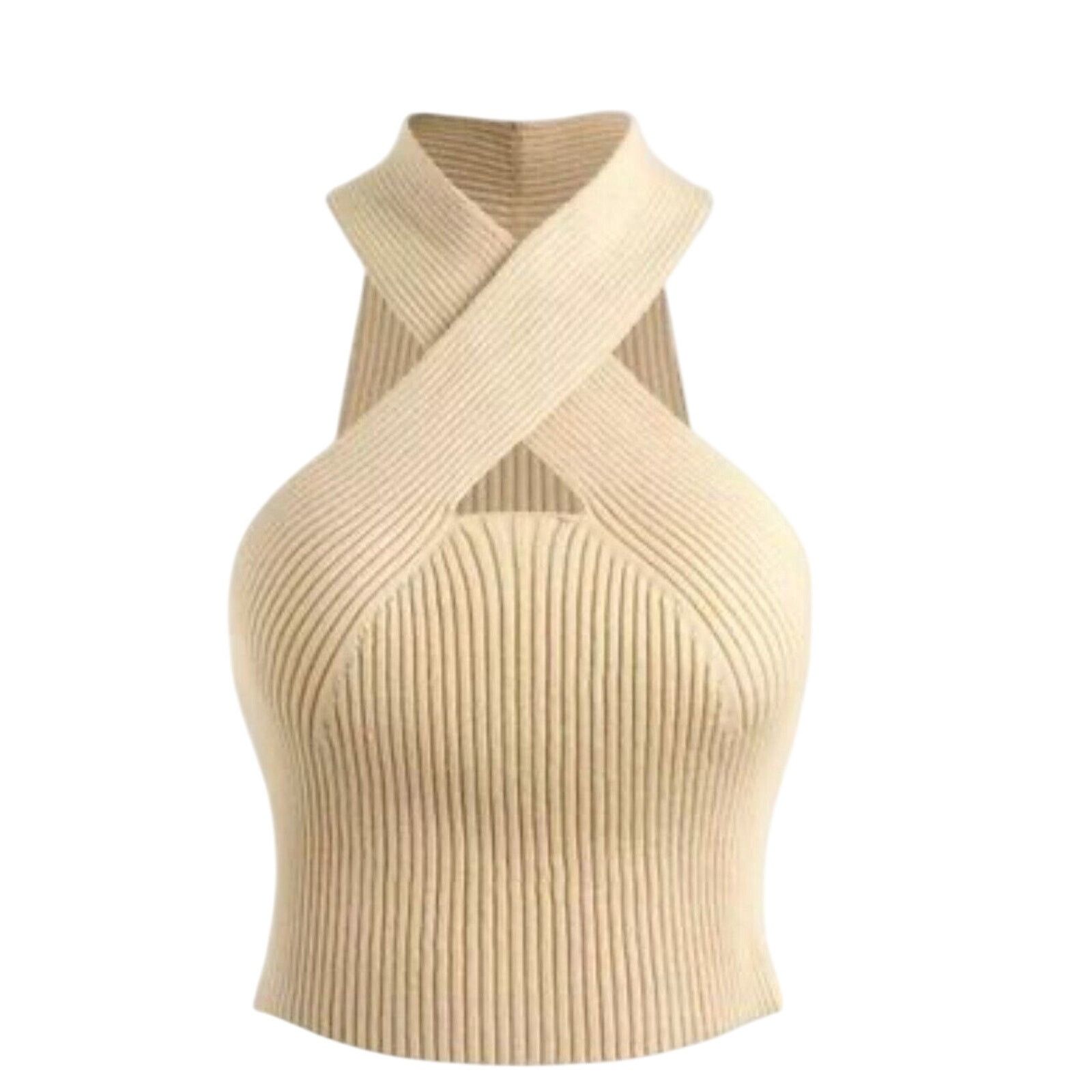 Cider Cider Beige Rib Sleeveless Criss Cross Front Halter Crop Top Size XL / US 12-14 / IT 48-50 - 1 Thumbnail
