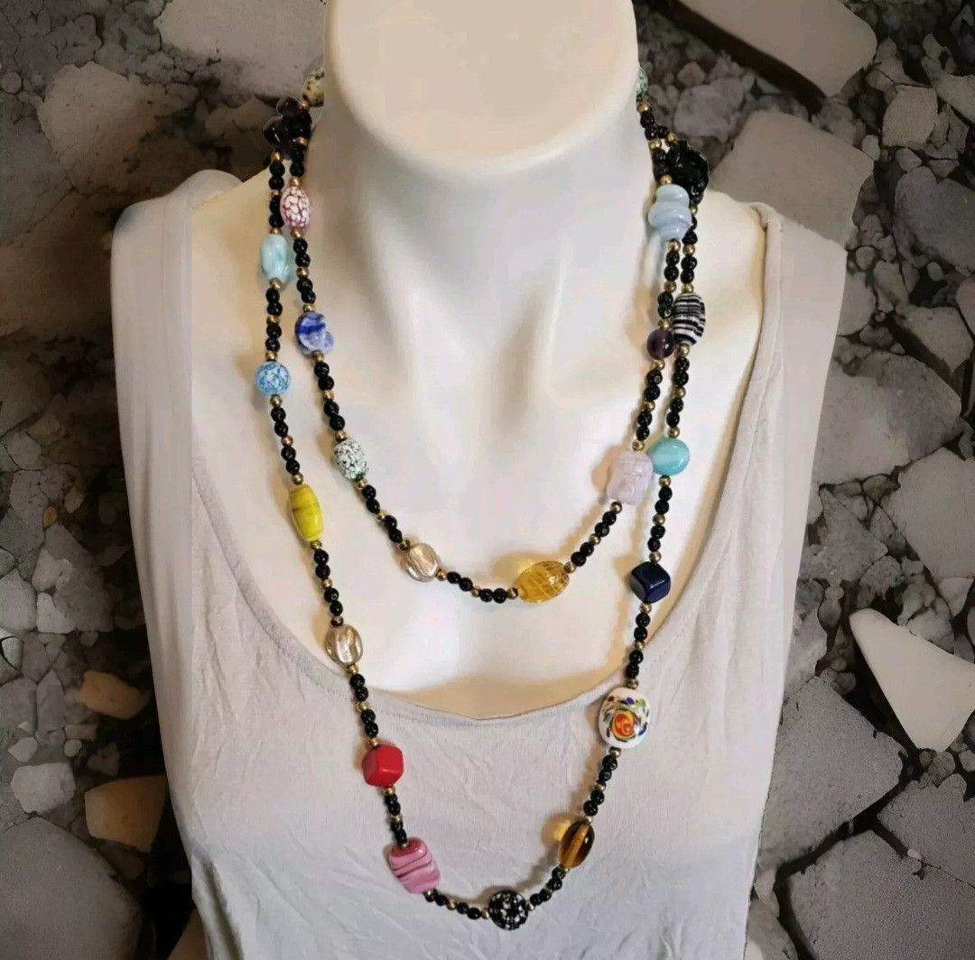 Handmade Antique Vintage 53" Lampwork Glass Beads Flapper Necklace Size ONE SIZE - 2 Thumbnail